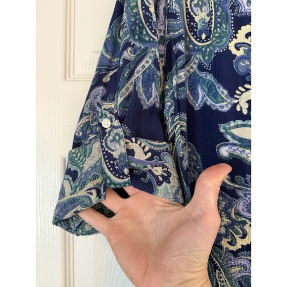 Nine West XL Top Navy/Yellow Paisley Round Neck 3/4 Sleeve Partial Button Front - Picture 6 of 16